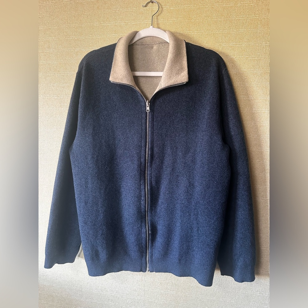 Ermenegildo Zegna Navy and Beige Zip Up Sweater